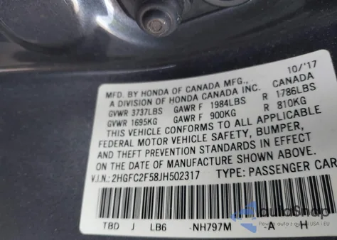2018 Honda Civic Lx z USA, uszkodzony, nr VIN 2HGFC2F58JH502317